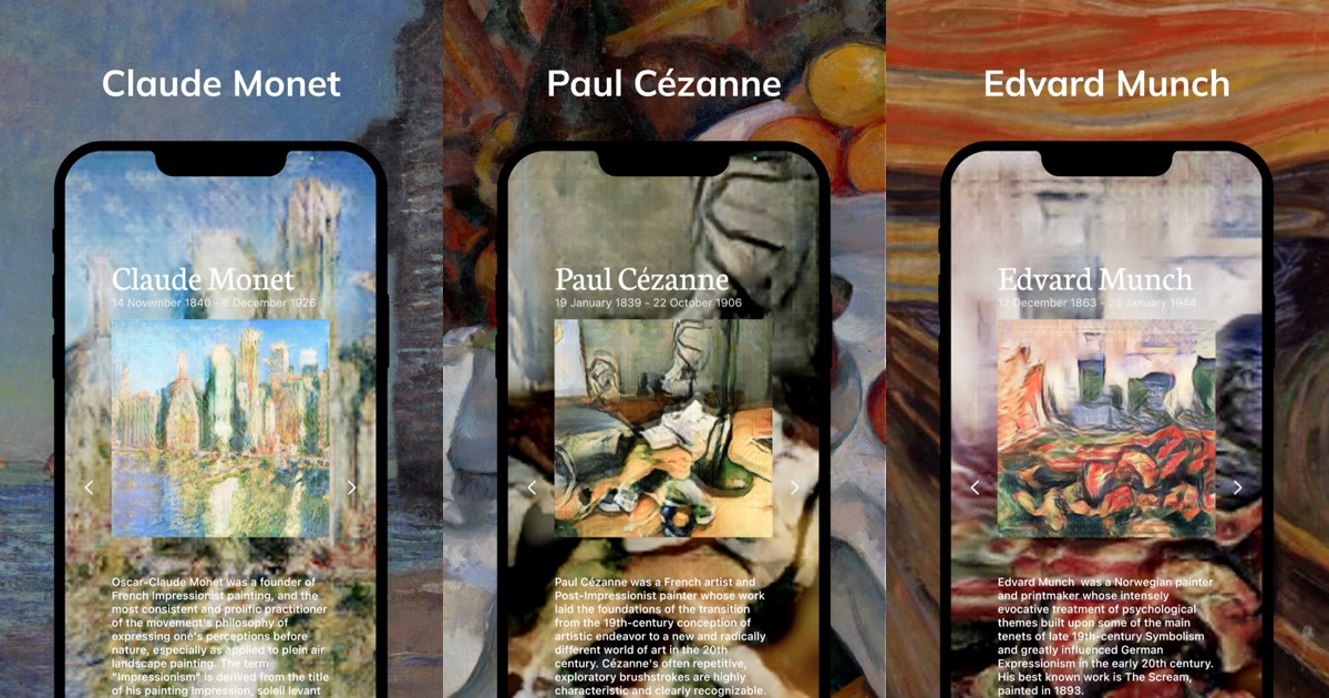 MonetCam screens showing the Claude Monet, Paul Cézanne and Edvard Munch painter pages