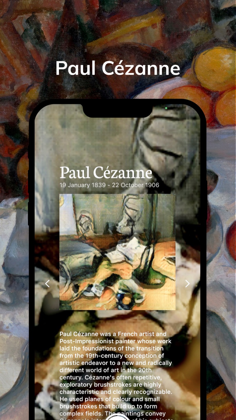 MonetCam painter page for Paul Cézanne with a sample still-life painting
