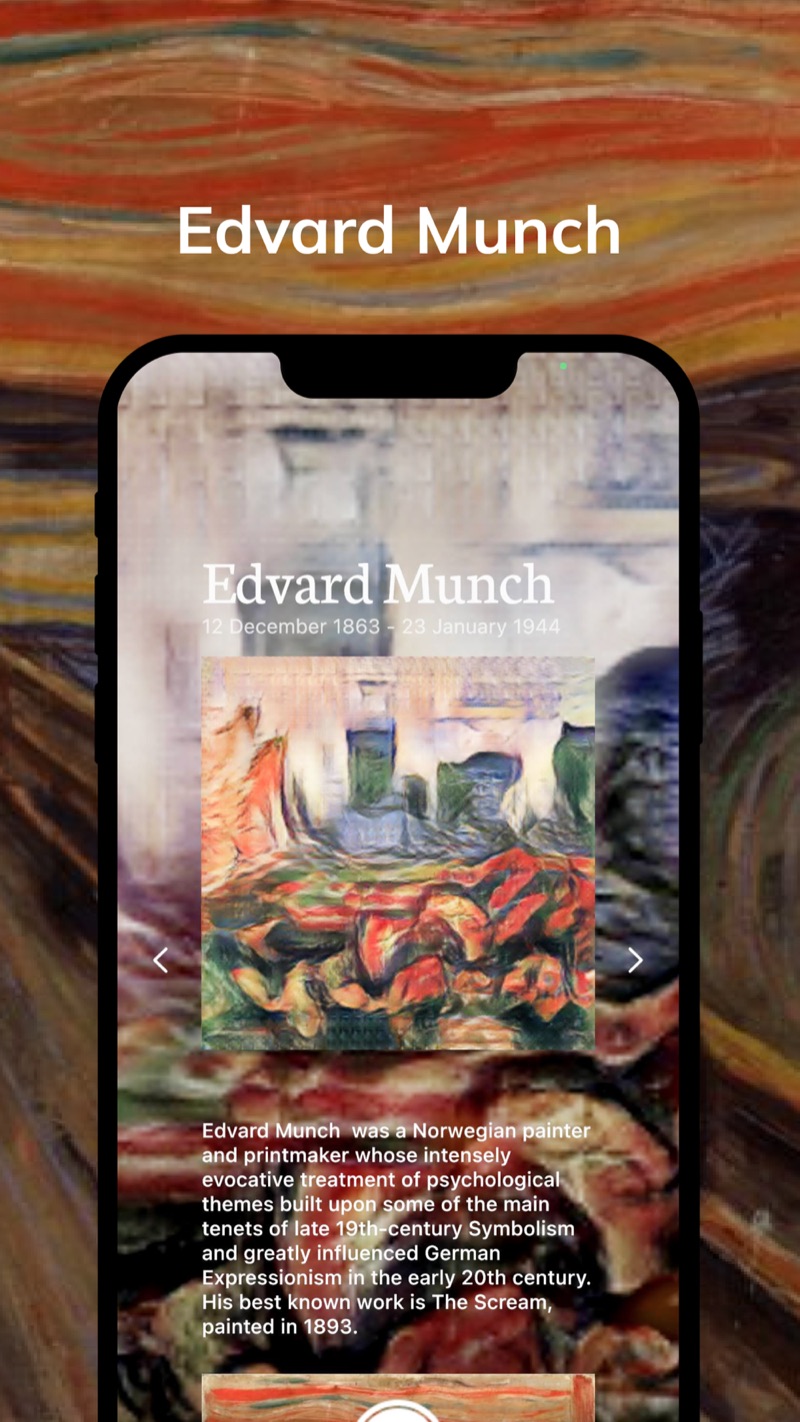 MonetCam painter page for Edvard Munch with a sample painting in swirling red and green