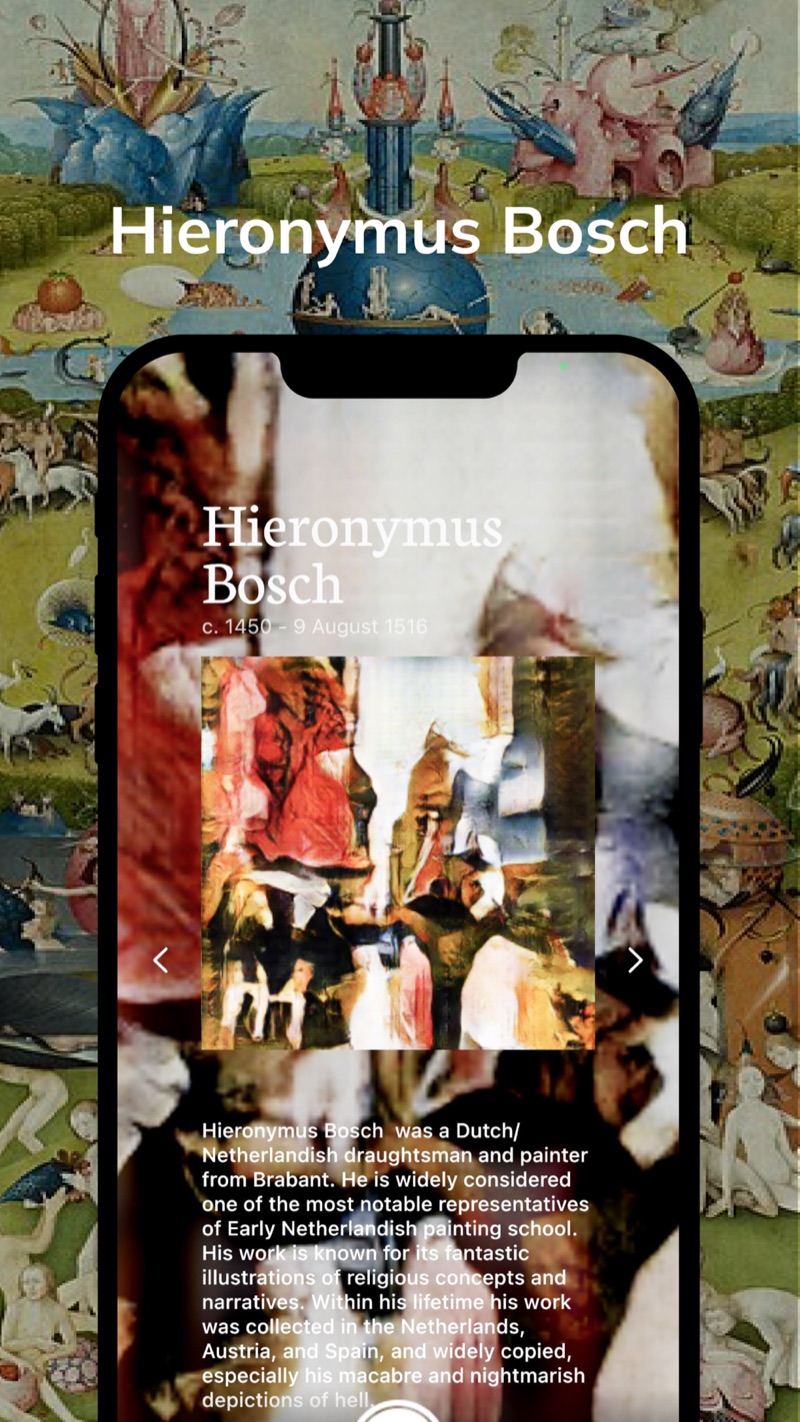 MonetCam painter page for Hieronymus Bosch with a sample surreal painting