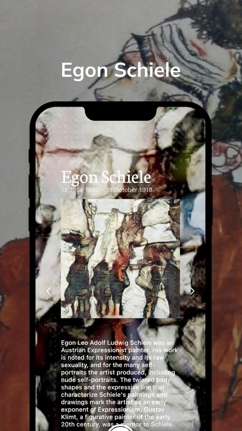 MonetCam painter page for Egon Schiele with a sample line-heavy painting